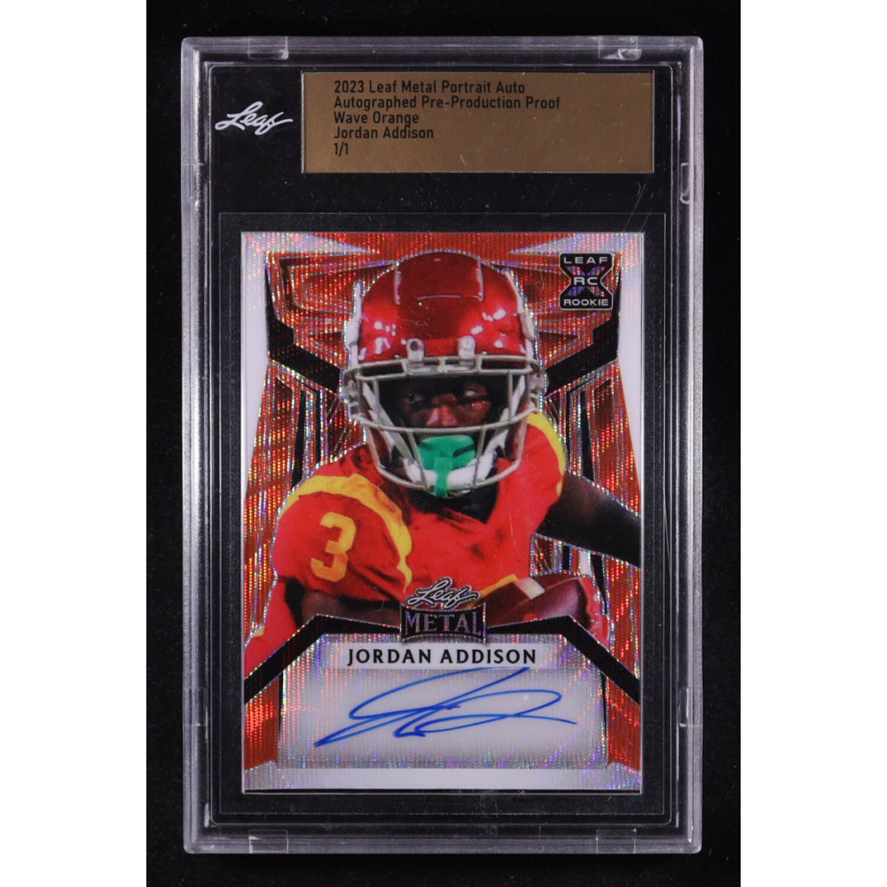 Jordan Addison 2023 Leaf Metal XRC Rookie Potrait Pre-Production Proof Wave Orange Auto RC #1/1 at PristineAuction.com