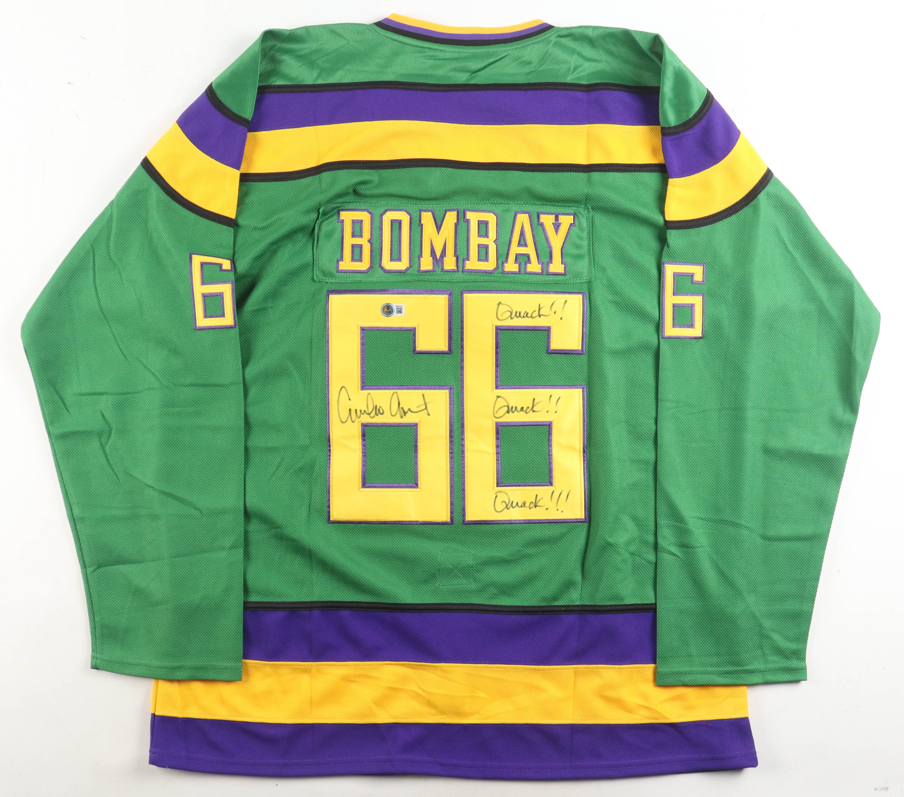 Emilio Estevez Signed "The Mighty Ducks" Jersey Inscribed "Quack! Quack!! Quack!!!" (Beckett) at PristineAuction.com Emilio Estevez Signed "The Mighty Ducks" Jersey Inscribed "Quack! Quack!! Quack!!!" (Beckett) at PristineAuction.com