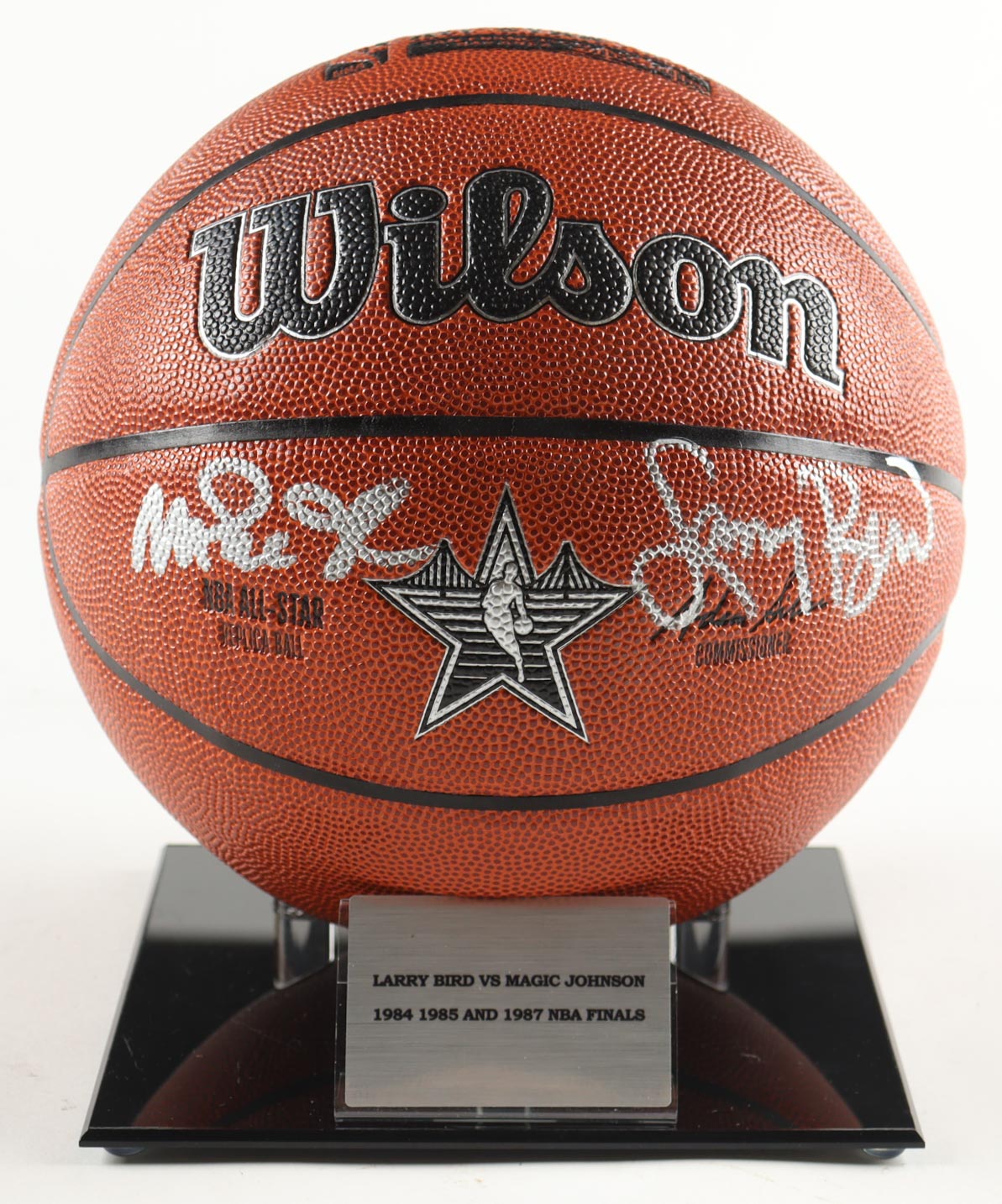 Magic Johnson & Larry Bird Signed NBA Silver All-Star Logo Basketball with Display Stand (Beckett & PSA) at PristineAuction.com Magic Johnson & Larry Bird Signed NBA Silver All-Star Logo Basketball with Display Stand (Beckett & PSA) at PristineAuction.com
