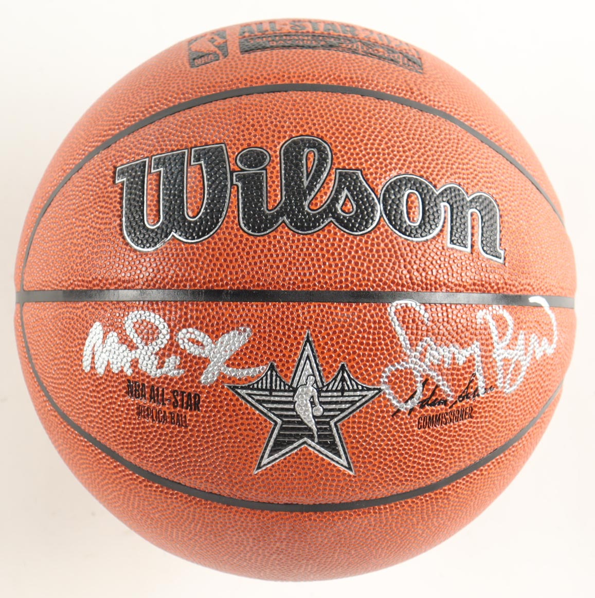 Magic Johnson & Larry Bird Signed NBA Silver All-Star Logo Basketball with Display Stand (Beckett & PSA) at PristineAuction.com Magic Johnson & Larry Bird Signed NBA Silver All-Star Logo Basketball with Display Stand (Beckett & PSA) at PristineAuction.com
