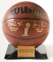 Magic Johnson & Larry Bird Signed NBA Finals Trophy Special Edition Basketball with Stand (PSA & Beckett) at PristineAuction.com