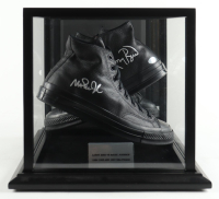 Magic Johnson & Larry Bird Signed Converse All Star Black Leather Shoes With Wood & Glass Display Case (PSA & Beckett) at PristineAuction.com