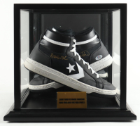Magic Johnson & Larry Bird Signed Converse All Star Black Leather Shoes With Wood & Glass Display Case (PSA & Beckett) at PristineAuction.com
