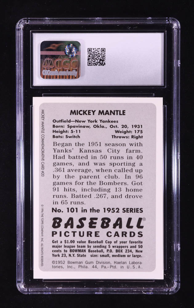 Mickey Mantle 1996 Topps Mantle Reprints #20 / 1952 Bowman (CGC 8.5) at PristineAuction.com Mickey Mantle 1996 Topps Mantle Reprints #20 / 1952 Bowman (CGC 8.5) at PristineAuction.com