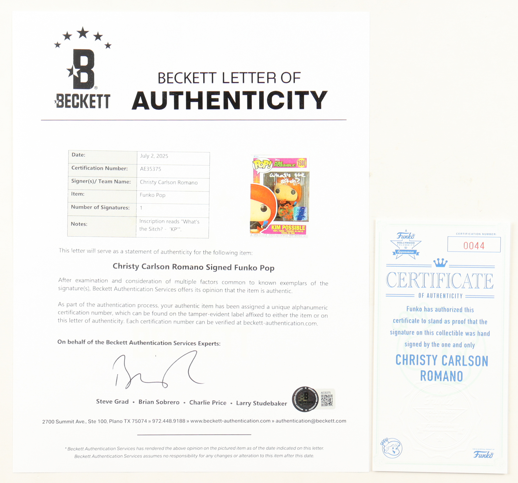 Christy Carlson Romano Signed "Kim Possible" #1580 Funko Pop! Vinyl Figure Inscribed "What's The Sitch?" & "KP" (Beckett) at PristineAuction.com Christy Carlson Romano Signed "Kim Possible" #1580 Funko Pop! Vinyl Figure Inscribed "What's The Sitch?" & "KP" (Beckett) at PristineAuction.com