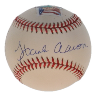 Hank Aaron Signed ONL 715 25th Anniversary Logo Baseball with Postal Stamp (JSA) at PristineAuction.com Hank Aaron Signed ONL 715 25th Anniversary Logo Baseball with Postal Stamp (JSA) at PristineAuction.com