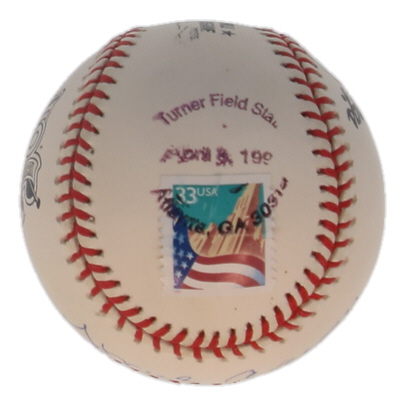 Hank Aaron Signed ONL 715 25th Anniversary Logo Baseball with Postal Stamp (JSA) at PristineAuction.com Hank Aaron Signed ONL 715 25th Anniversary Logo Baseball with Postal Stamp (JSA) at PristineAuction.com