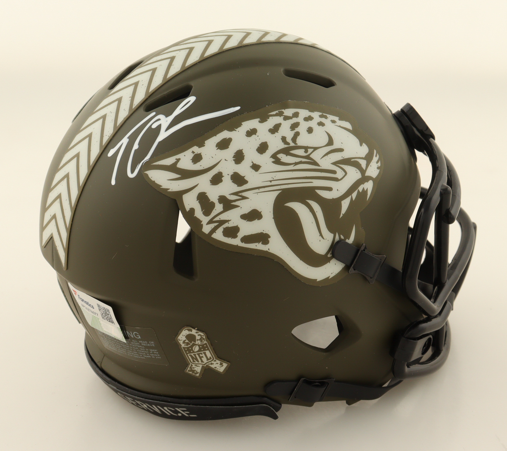 Trevor Lawrence Signed Jaguars Salute To Service Alternate Speed Mini Helmet (Fanatics) at PristineAuction.com Trevor Lawrence Signed Jaguars Salute To Service Alternate Speed Mini Helmet (Fanatics) at PristineAuction.com