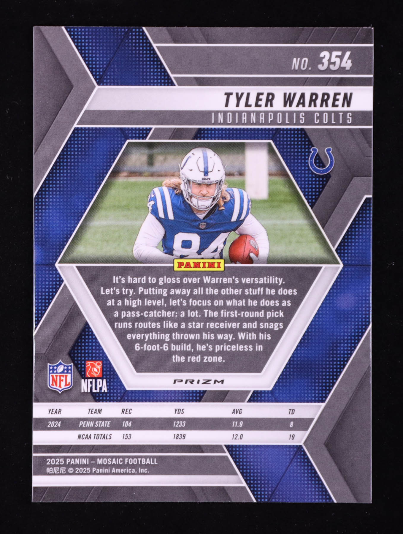 Tyler Warren 2025 Panini Mosaic Red/White Stripe #354 RC at PristineAuction.com Tyler Warren 2025 Panini Mosaic Red/White Stripe #354 RC at PristineAuction.com