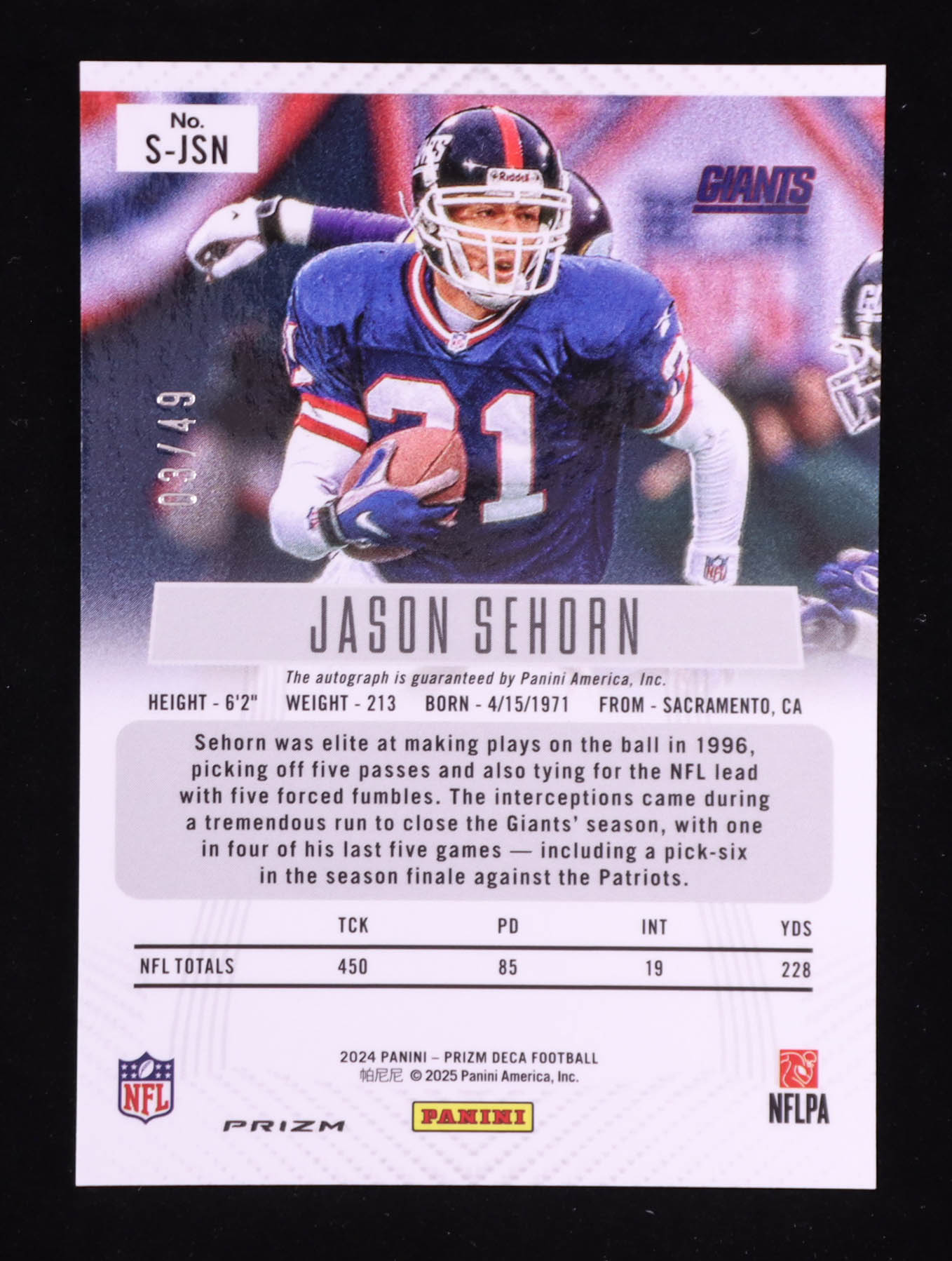 Jason Sehorn 2024 Panini Prizm Deca Blue Auto #S-JSN 03/49 at PristineAuction.com Jason Sehorn 2024 Panini Prizm Deca Blue Auto #S-JSN 03/49 at PristineAuction.com