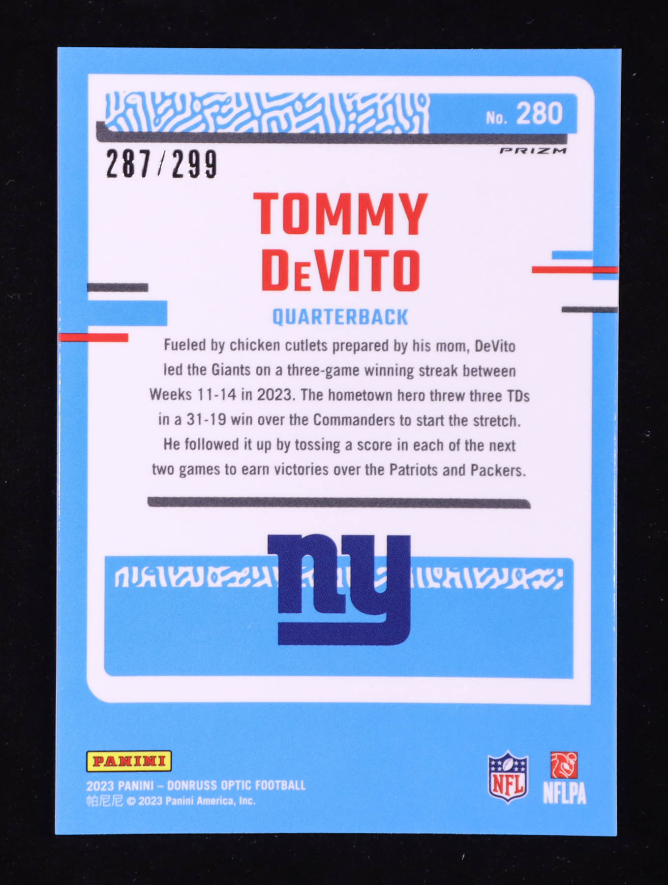 Tommy Devito 2023 Panini Donruss Optic Rated Rookies Blue #280 RC #287/299 at PristineAuction.com Tommy Devito 2023 Panini Donruss Optic Rated Rookies Blue #280 RC #287/299 at PristineAuction.com