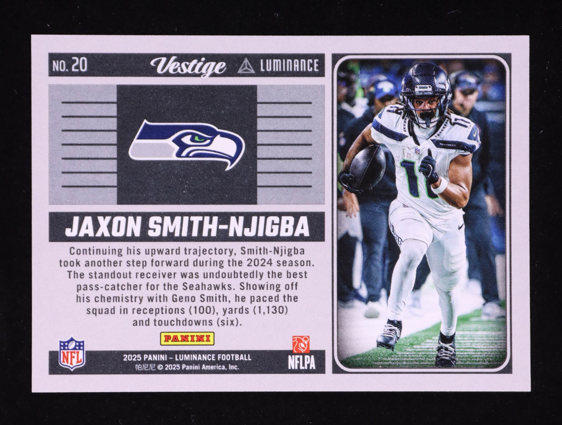 Jaxon Smith-Njigba 2025 Panini Luminance Vestige #20 #021/100 at PristineAuction.com Jaxon Smith-Njigba 2025 Panini Luminance Vestige #20 #021/100 at PristineAuction.com