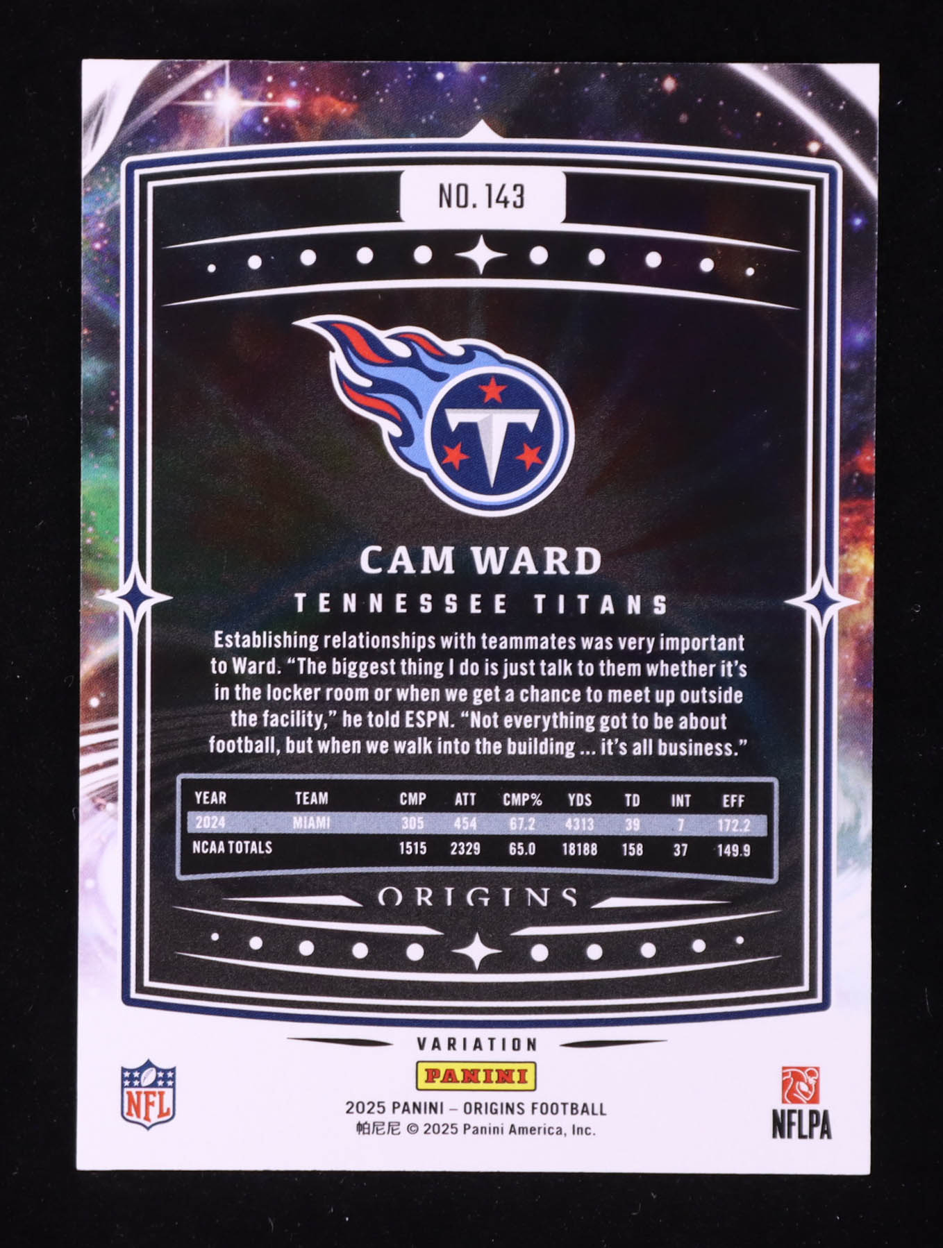 Cam Ward 2025 Panini Origins White #143 RC at PristineAuction.com Cam Ward 2025 Panini Origins White #143 RC at PristineAuction.com