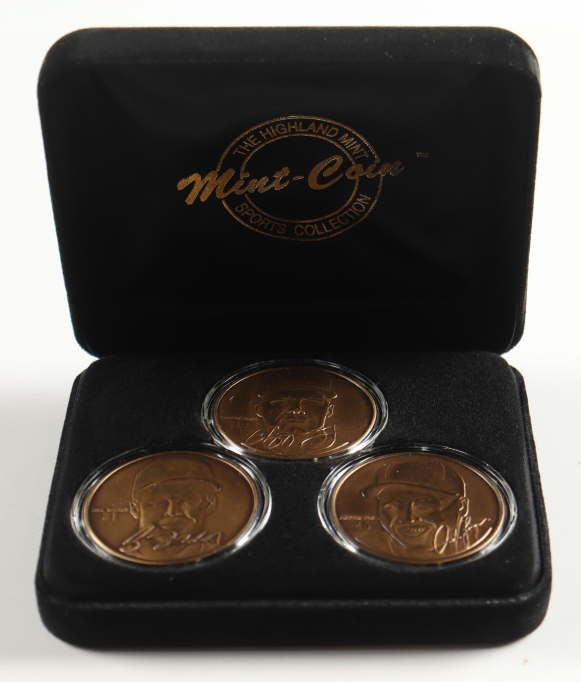 Chipper Jones, Andruw Jones, & Greg Maddux LE The Highland Mint Southern Pride Matched Number Solid Bronze (3) Coin Set at PristineAuction.com Chipper Jones, Andruw Jones, & Greg Maddux LE The Highland Mint Southern Pride Matched Number Solid Bronze (3) Coin Set at PristineAuction.com