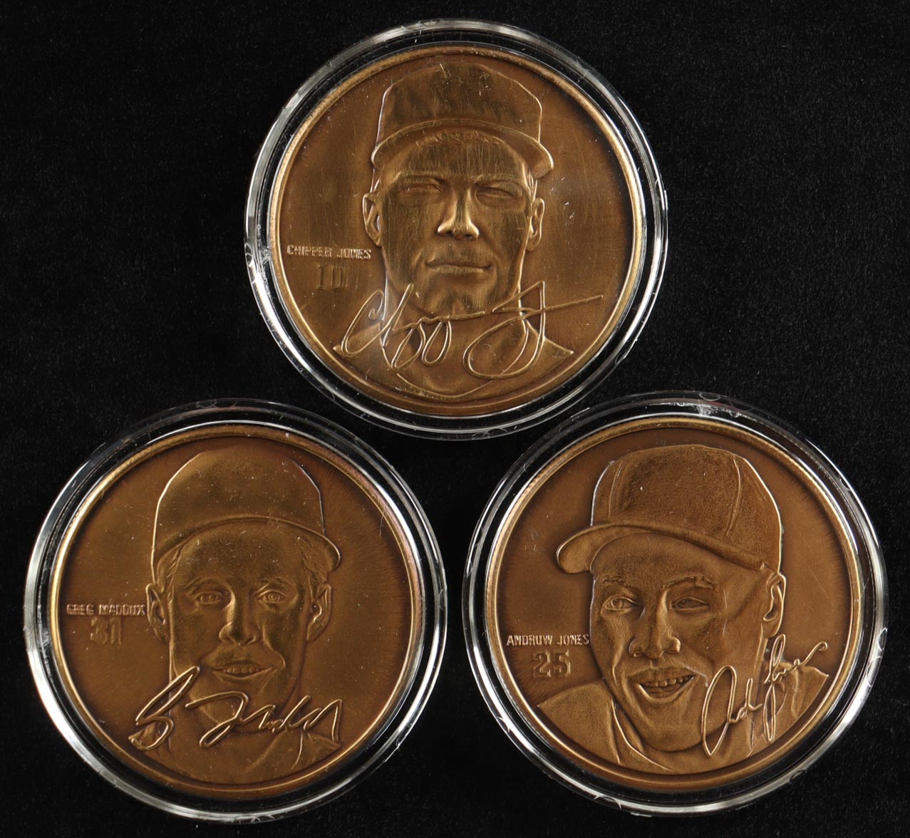 Chipper Jones, Andruw Jones, & Greg Maddux LE The Highland Mint Southern Pride Matched Number Solid Bronze (3) Coin Set at PristineAuction.com Chipper Jones, Andruw Jones, & Greg Maddux LE The Highland Mint Southern Pride Matched Number Solid Bronze (3) Coin Set at PristineAuction.com