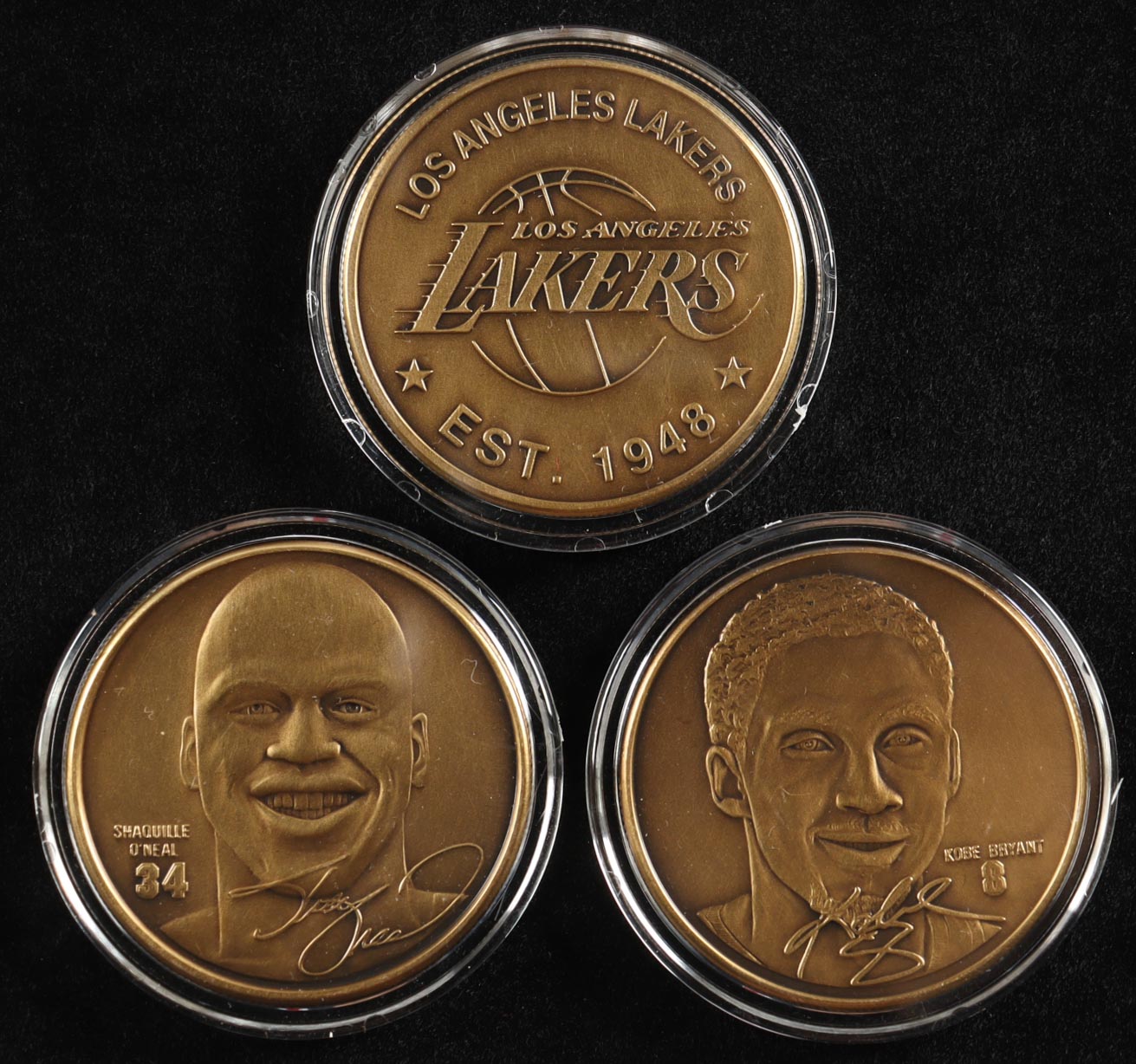 Kobe Bryant, Shaquille O'Neal & Lakers LE The Highland Mint Lakers Matched Number Solid Bronze (3) Coin Set at PristineAuction.com Kobe Bryant, Shaquille O'Neal & Lakers LE The Highland Mint Lakers Matched Number Solid Bronze (3) Coin Set at PristineAuction.com
