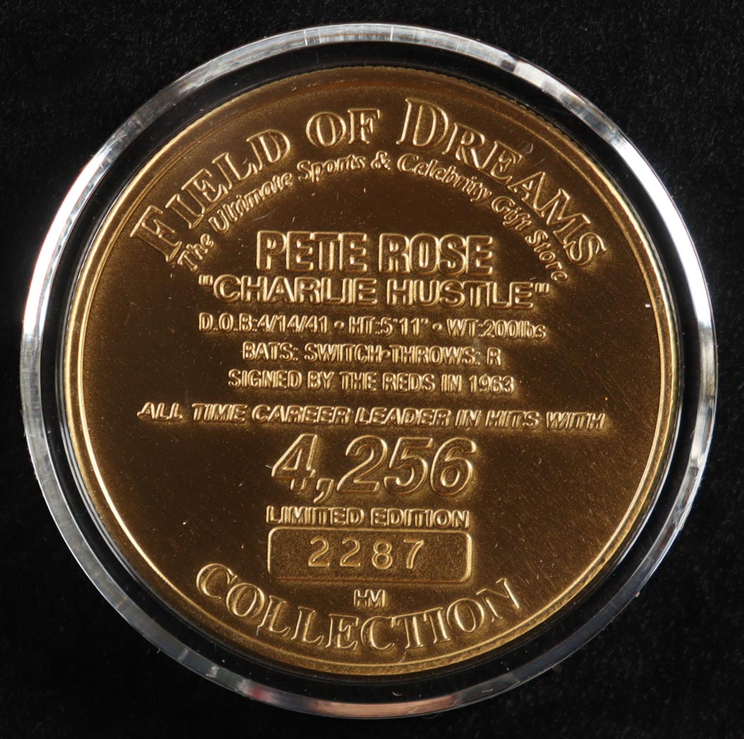 Pete Rose LE Reds 4256 Solid Bronze Coin with Case (Field Of Dreams) at PristineAuction.com Pete Rose LE Reds 4256 Solid Bronze Coin with Case (Field Of Dreams) at PristineAuction.com