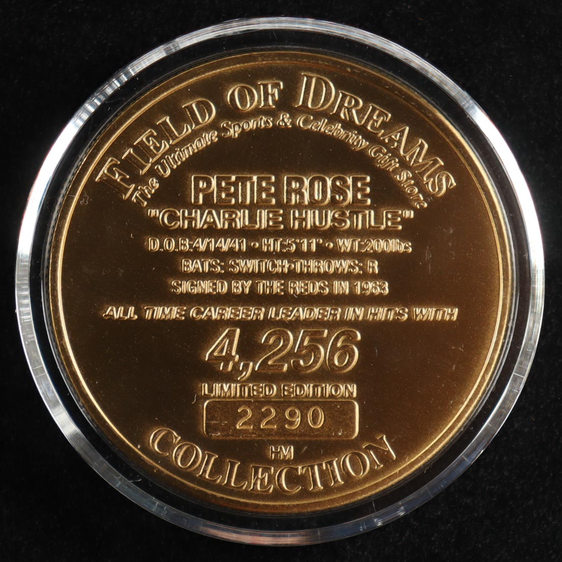 Pete Rose LE Reds 4256 Solid Bronze Coin with Case (Field Of Dreams) at PristineAuction.com Pete Rose LE Reds 4256 Solid Bronze Coin with Case (Field Of Dreams) at PristineAuction.com