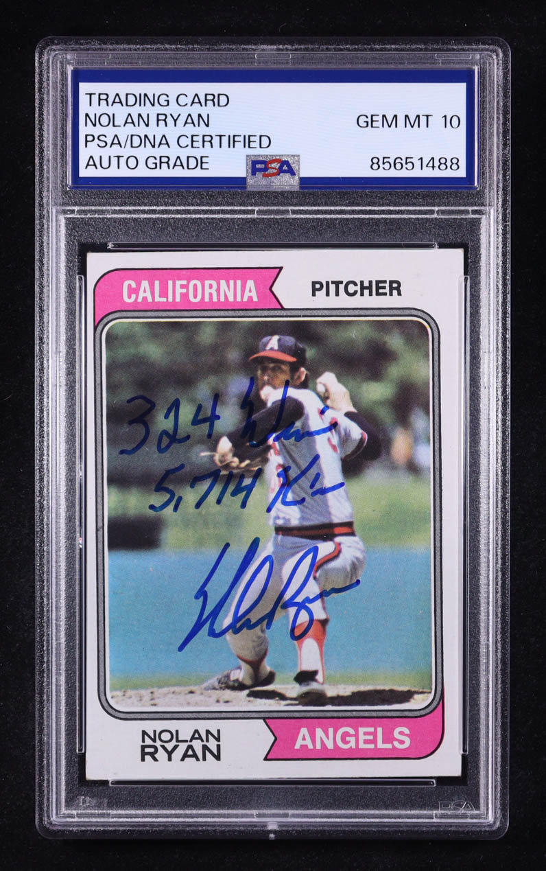 Nolan Ryan Signed 1974 Topps Inscribed "324 Wins And 5,714 K's" #20 (PSA | Autograph Graded PSA 10) at PristineAuction.com Nolan Ryan Signed 1974 Topps Inscribed "324 Wins And 5,714 K's" #20 (PSA | Autograph Graded PSA 10) at PristineAuction.com