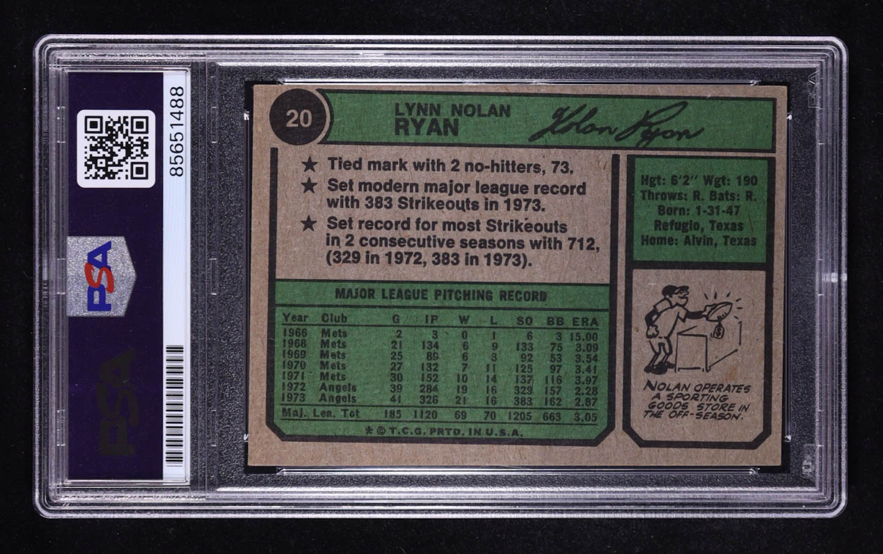 Nolan Ryan Signed 1974 Topps Inscribed "324 Wins And 5,714 K's" #20 (PSA | Autograph Graded PSA 10) at PristineAuction.com Nolan Ryan Signed 1974 Topps Inscribed "324 Wins And 5,714 K's" #20 (PSA | Autograph Graded PSA 10) at PristineAuction.com