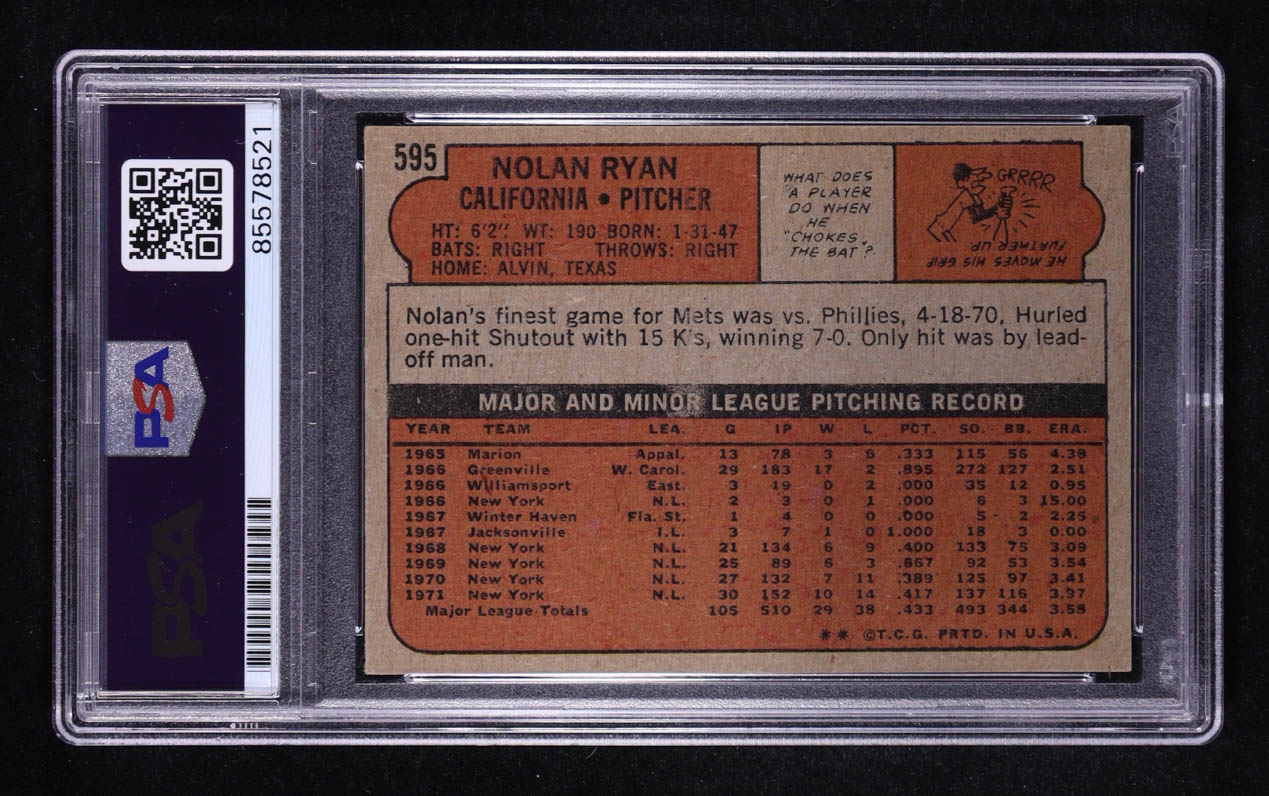 Nolan Ryan Signed 1972 Topps Inscribed "324 Wins 5714 K'S And 7 No-Hitters" #595 (PSA | Autograph Graded PSA 10) at PristineAuction.com Nolan Ryan Signed 1972 Topps Inscribed "324 Wins 5714 K'S And 7 No-Hitters" #595 (PSA | Autograph Graded PSA 10) at PristineAuction.com