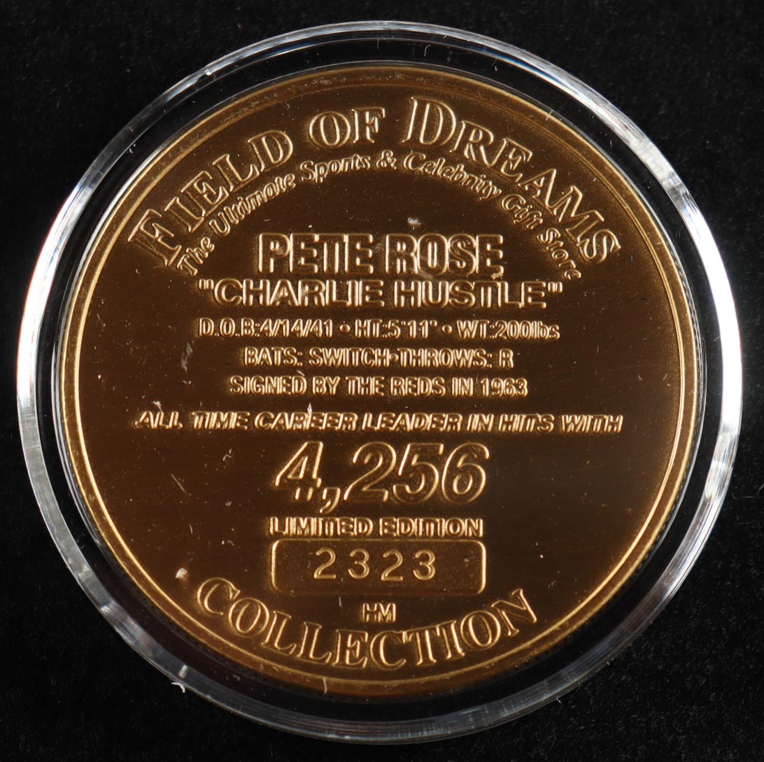 Pete Rose LE Reds 4256 Solid Bronze Coin with Case (Field Of Dreams) at PristineAuction.com Pete Rose LE Reds 4256 Solid Bronze Coin with Case (Field Of Dreams) at PristineAuction.com
