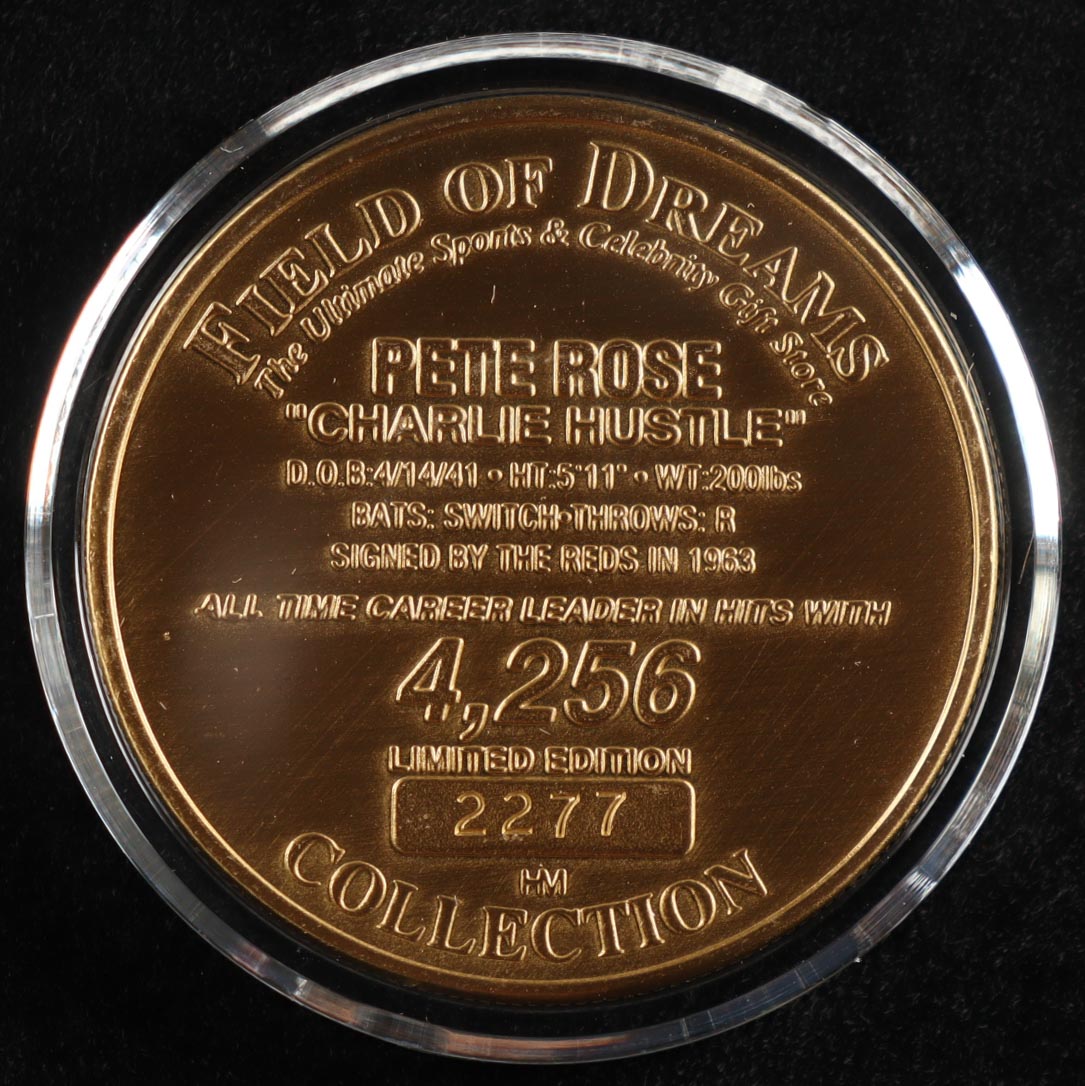 Pete Rose LE Reds 4256 Solid Bronze Coin with Case (Field Of Dreams) at PristineAuction.com Pete Rose LE Reds 4256 Solid Bronze Coin with Case (Field Of Dreams) at PristineAuction.com