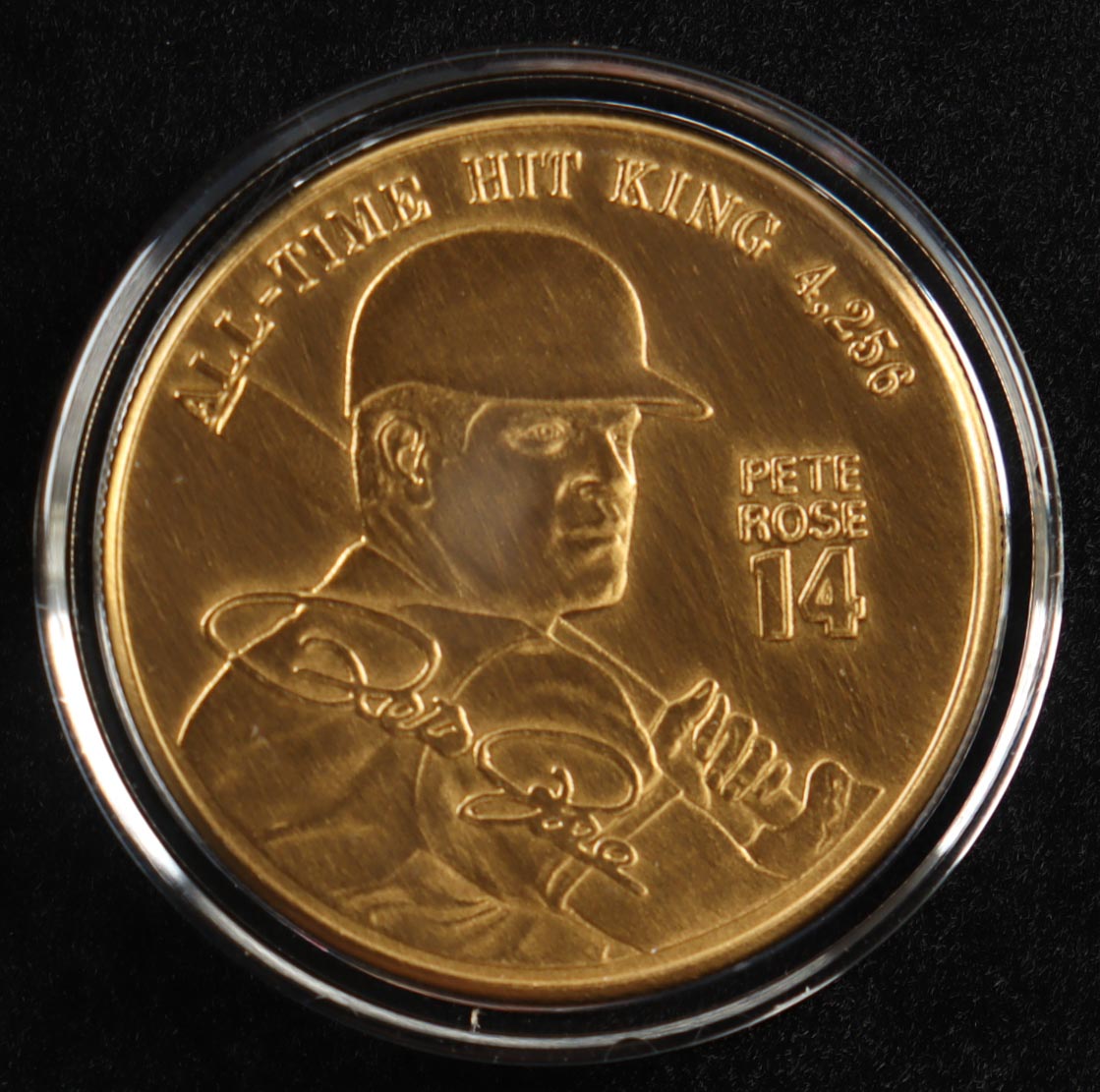 Pete Rose LE Reds 4256 Solid Bronze Coin with Case (Field Of Dreams) at PristineAuction.com Pete Rose LE Reds 4256 Solid Bronze Coin with Case (Field Of Dreams) at PristineAuction.com