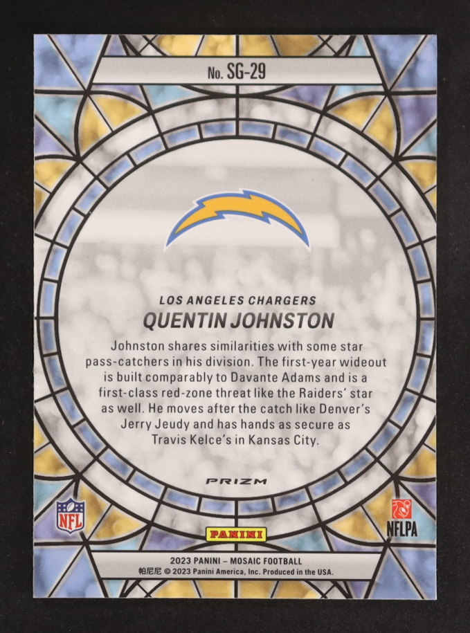 Quentin Johnston 2023 Panini Mosaic Stained Glass #29 RC at PristineAuction.com Quentin Johnston 2023 Panini Mosaic Stained Glass #29 RC at PristineAuction.com