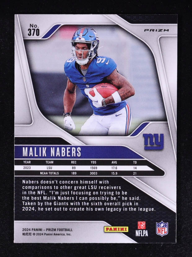 Malik Nabers 2024 Panini Prizm Prizms Lazer #370 RC at PristineAuction.com Malik Nabers 2024 Panini Prizm Prizms Lazer #370 RC at PristineAuction.com