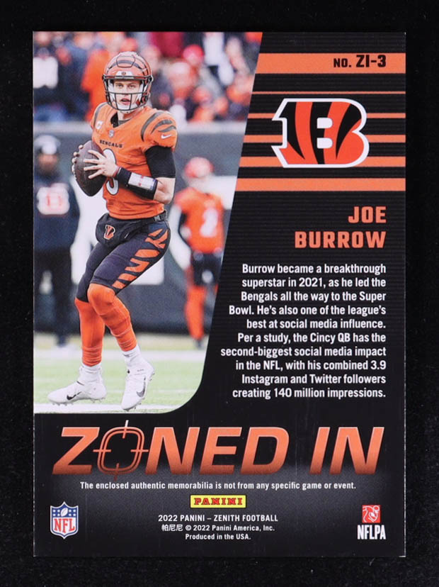 Joe Burrow 2023 Zenith Zoned In Jerseys Prime #6 #10/50 at PristineAuction.com Joe Burrow 2023 Zenith Zoned In Jerseys Prime #6 #10/50 at PristineAuction.com