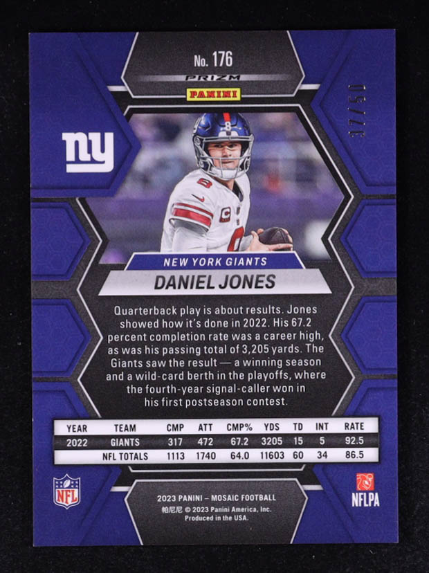 Daniel Jones 2023 Panini Mosaic Mosaic No Huddle Purple #176 #37/50 at PristineAuction.com Daniel Jones 2023 Panini Mosaic Mosaic No Huddle Purple #176 #37/50 at PristineAuction.com