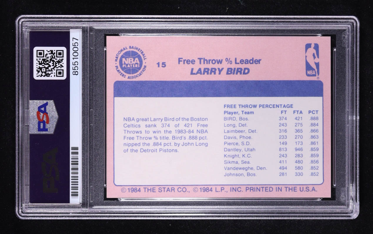 Larry Bird / Magic Johnson Signed 1984 Star Co. Free Throw % Leader #15 (PSA | Autograph Graded PSA 10) at PristineAuction.com Larry Bird / Magic Johnson Signed 1984 Star Co. Free Throw % Leader #15 (PSA | Autograph Graded PSA 10) at PristineAuction.com