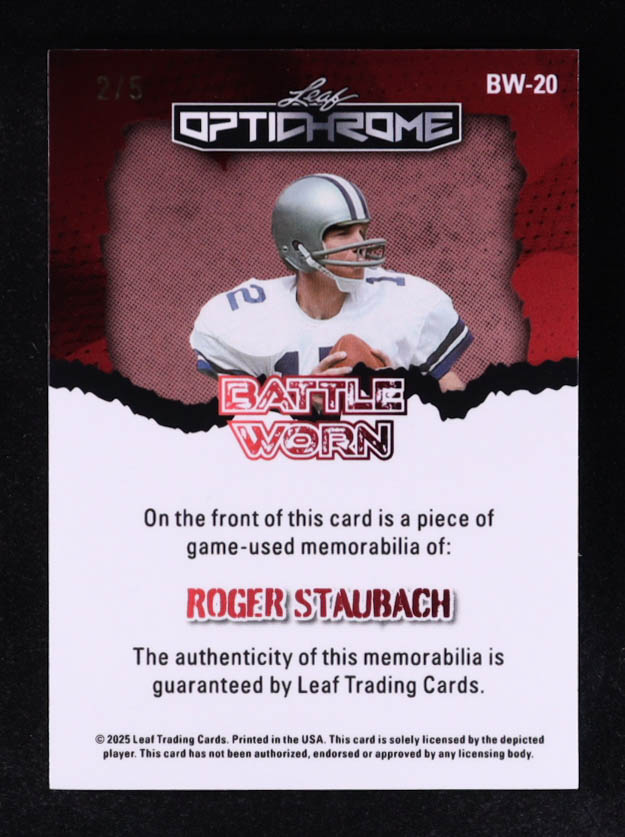 Roger Staubach 2025 Leaf Optichrome Battle Worn Purple JSY #BW20 #2/5 at PristineAuction.com Roger Staubach 2025 Leaf Optichrome Battle Worn Purple JSY #BW20 #2/5 at PristineAuction.com
