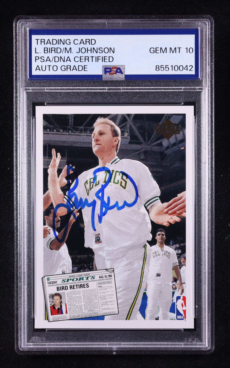 Larry Bird / Magic Johnson Signed 1992 Upper Deck SP Retirement Insert #SP-1 (PSA | Autograph Graded PSA 10) at PristineAuction.com Larry Bird / Magic Johnson Signed 1992 Upper Deck SP Retirement Insert #SP-1 (PSA | Autograph Graded PSA 10) at PristineAuction.com
