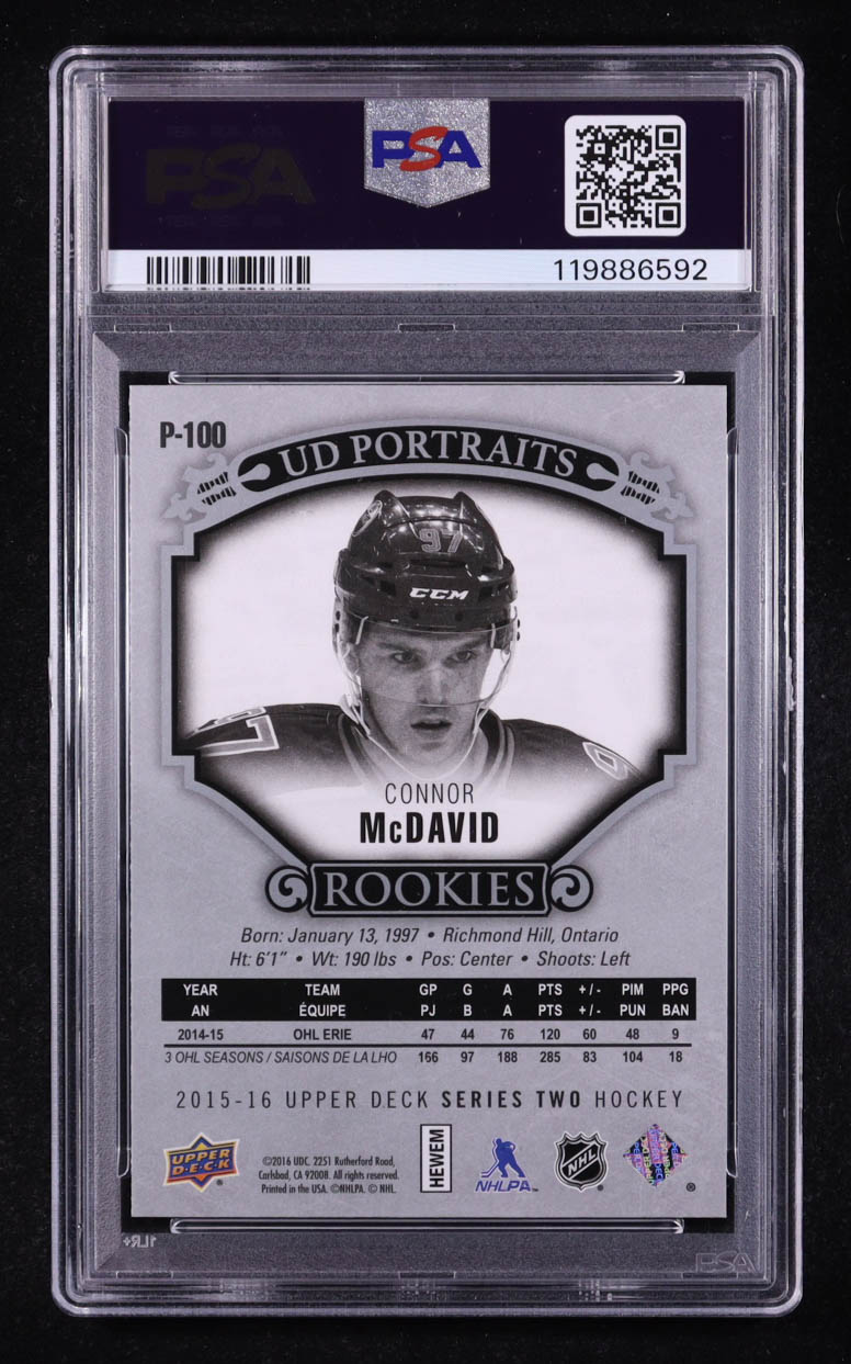 Connor McDavid 2015-16 Upper Deck UD Portraits #P100 RC (PSA 9) at PristineAuction.com Connor McDavid 2015-16 Upper Deck UD Portraits #P100 RC (PSA 9) at PristineAuction.com