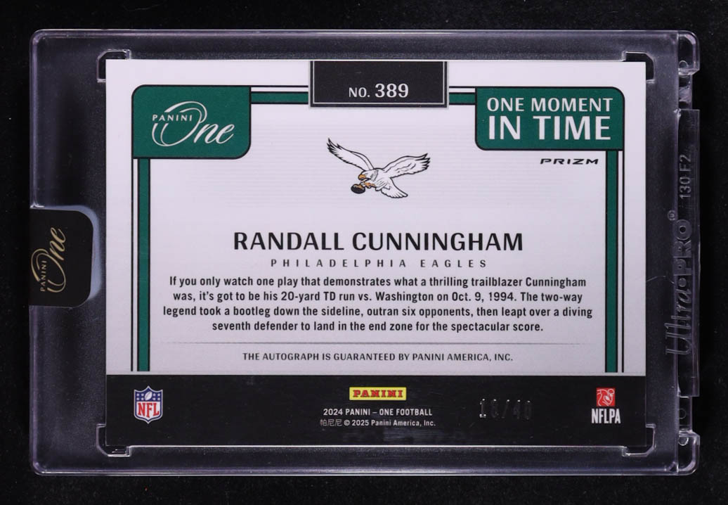 Randall Cunningham 2024 Panini One One Moment in Time Autographs Green #389 #18/40 at PristineAuction.com Randall Cunningham 2024 Panini One One Moment in Time Autographs Green #389 #18/40 at PristineAuction.com