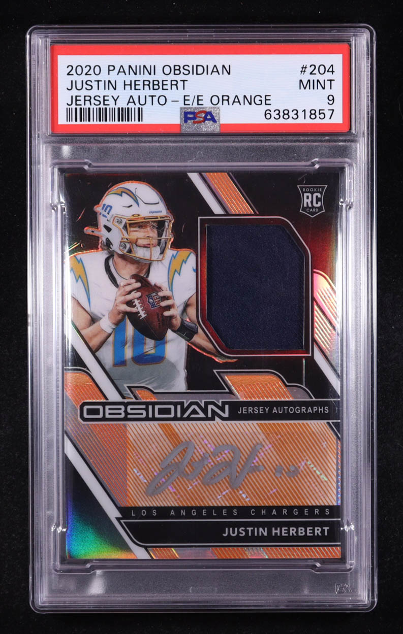 Justin Herbert 2020 Panini Obsidian Rookie Jersey Autographs Electric Etch Orange #204 #28/75 RC (PSA 9) at PristineAuction.com Justin Herbert 2020 Panini Obsidian Rookie Jersey Autographs Electric Etch Orange #204 #28/75 RC (PSA 9) at PristineAuction.com