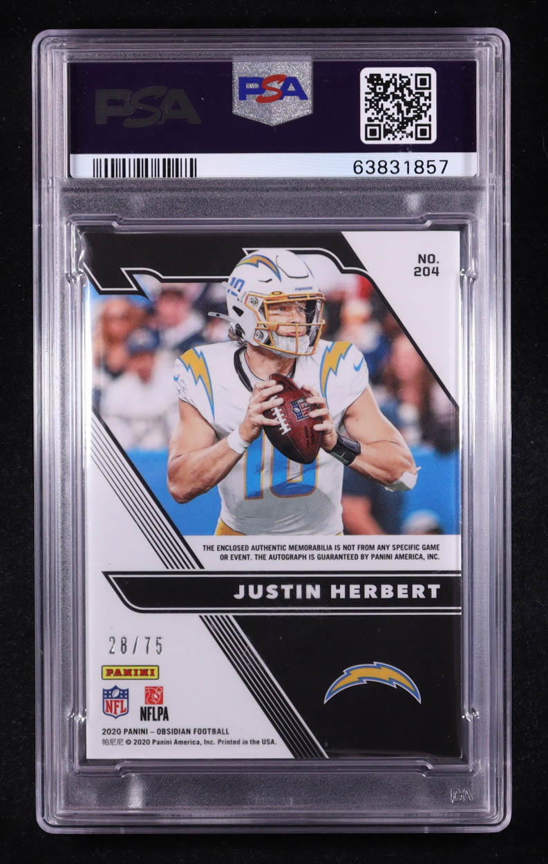 Justin Herbert 2020 Panini Obsidian Rookie Jersey Autographs Electric Etch Orange #204 #28/75 RC (PSA 9) at PristineAuction.com Justin Herbert 2020 Panini Obsidian Rookie Jersey Autographs Electric Etch Orange #204 #28/75 RC (PSA 9) at PristineAuction.com