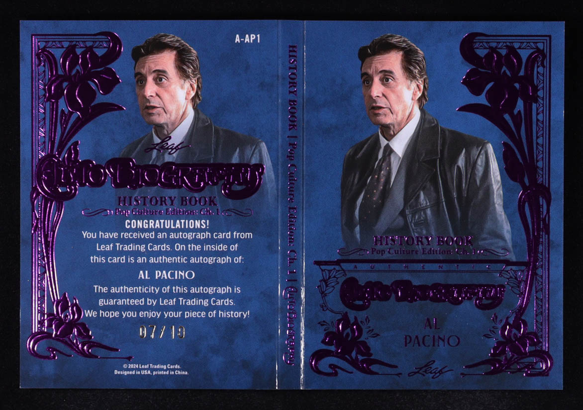 Al Pacino 2024 Leaf Autobiography History Book Pop Culture Edition Ch.1 Purple Foil Autographs #AAP1 #7/10 at PristineAuction.com Al Pacino 2024 Leaf Autobiography History Book Pop Culture Edition Ch.1 Purple Foil Autographs #AAP1 #7/10 at PristineAuction.com