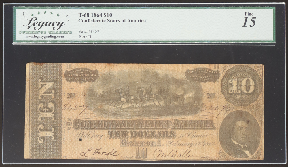 1864 Confederate $10 Currency Note, T-68 (Legacy 15 F) at PristineAuction.com 1864 Confederate $10 Currency Note, T-68 (Legacy 15 F) at PristineAuction.com