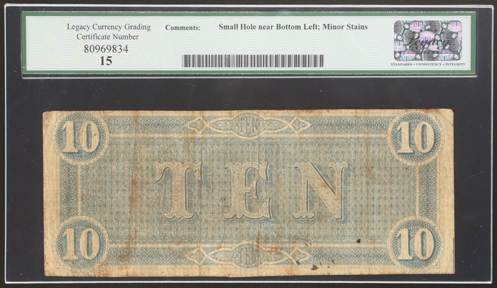 1864 Confederate $10 Currency Note, T-68 (Legacy 15 F) at PristineAuction.com 1864 Confederate $10 Currency Note, T-68 (Legacy 15 F) at PristineAuction.com