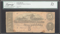 1864 Confederate $5 Currency Note, T-69 (Legacy 12 F) at PristineAuction.com