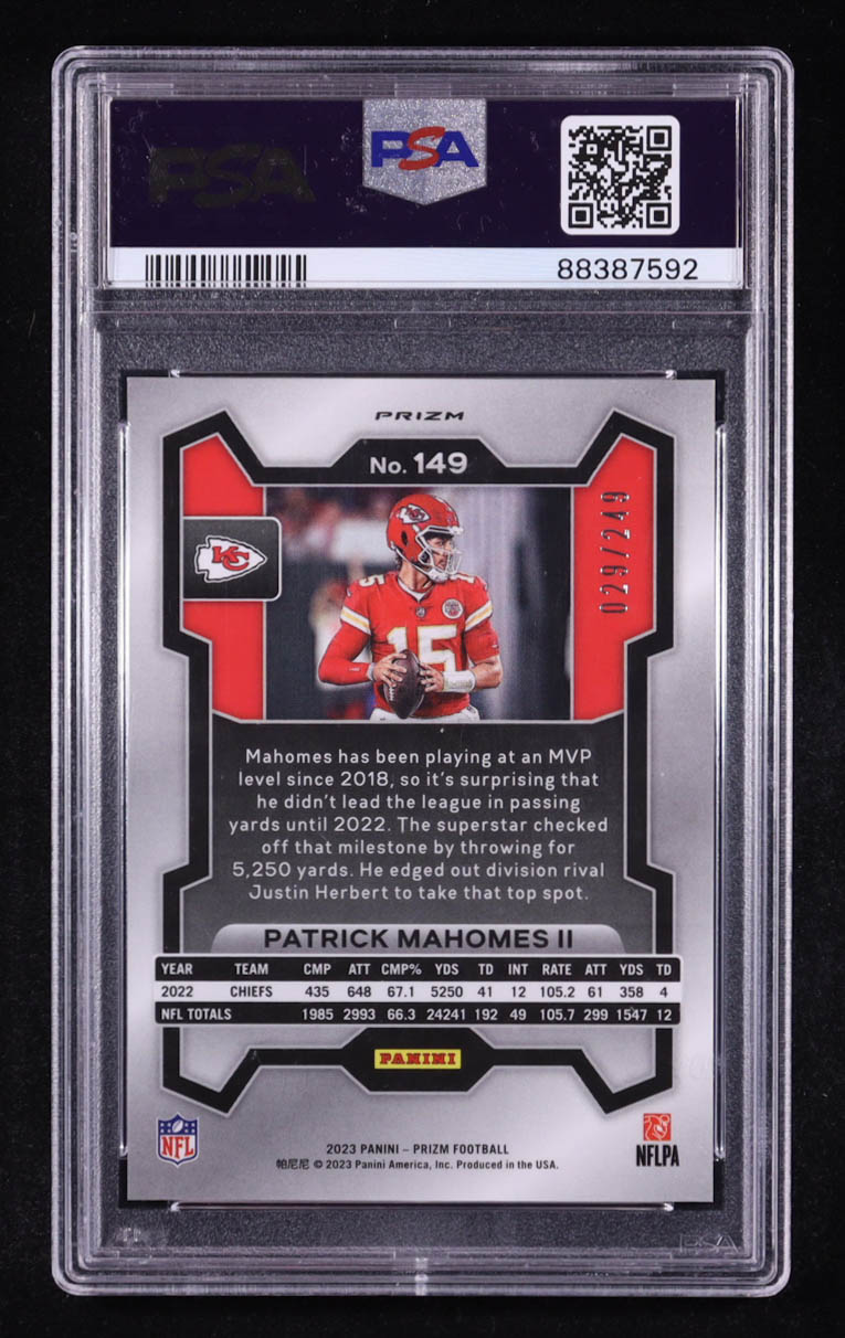 Patrick Mahomes II 2023 Panini Prizm Prizms Orange #149 #029/249 (PSA 10) at PristineAuction.com Patrick Mahomes II 2023 Panini Prizm Prizms Orange #149 #029/249 (PSA 10) at PristineAuction.com