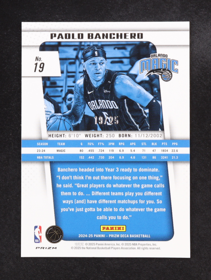 Paolo Banchero 2024-25 Prizm Deca Prizms Mojo #19 #19/25 at PristineAuction.com Paolo Banchero 2024-25 Prizm Deca Prizms Mojo #19 #19/25 at PristineAuction.com