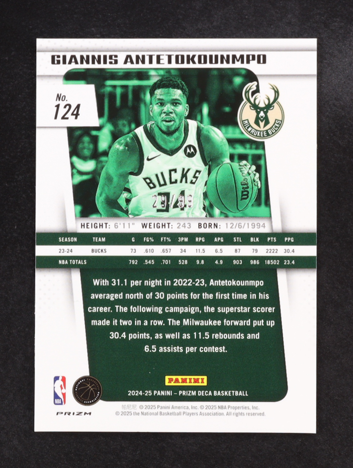 Giannis Antetokounmpo 2024-25 Prizm Deca Prizms Purple #124 #29/99 at PristineAuction.com Giannis Antetokounmpo 2024-25 Prizm Deca Prizms Purple #124 #29/99 at PristineAuction.com