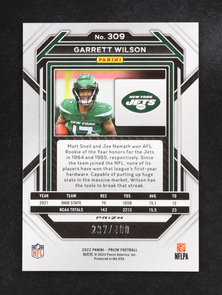 Garrett Wilson 2022 Panini Prizm Prizms Pandora #309 #237/400 RC at PristineAuction.com Garrett Wilson 2022 Panini Prizm Prizms Pandora #309 #237/400 RC at PristineAuction.com