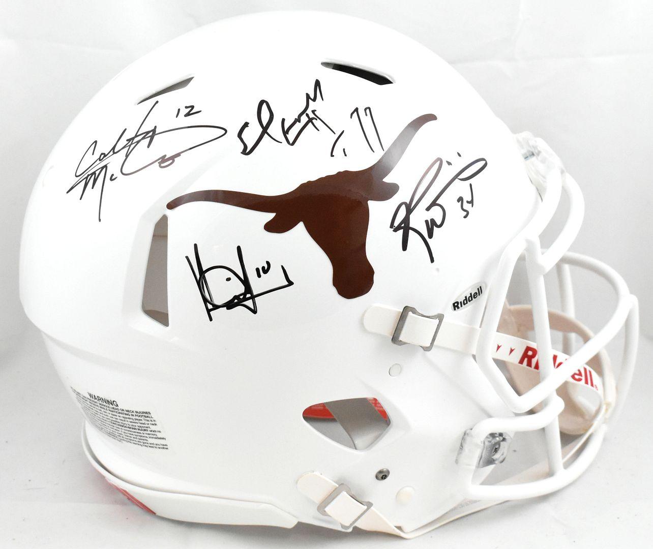 Texas Longhorns Legends Full-Size Authentic On-Field Speed Helmet Signed By (4) with Vince Young, Earl Campbell, Ricky Williams & Colt McCoy (Beckett) at PristineAuction.com Texas Longhorns Legends Full-Size Authentic On-Field Speed Helmet Signed By (4) with Vince Young, Earl Campbell, Ricky Williams & Colt McCoy (Beckett) at PristineAuction.com