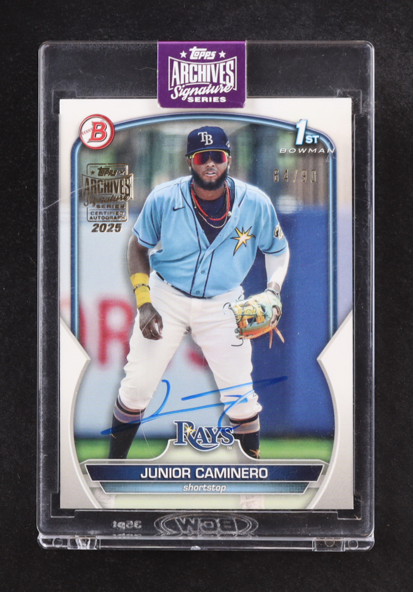 Junior Caminero 2025 Topps Archives Signature Series Autograph #BP61 #64/90 at PristineAuction.com Junior Caminero 2025 Topps Archives Signature Series Autograph #BP61 #64/90 at PristineAuction.com