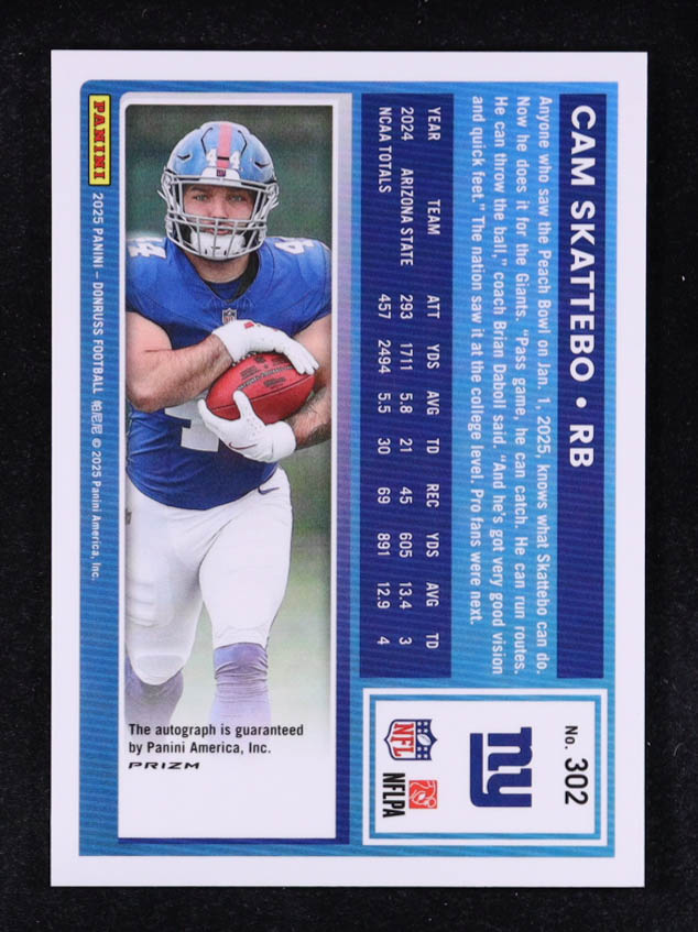 Cam Skattebo 2025 Donruss Optic Rated Rookies Preview Autographs #302 RC at PristineAuction.com Cam Skattebo 2025 Donruss Optic Rated Rookies Preview Autographs #302 RC at PristineAuction.com